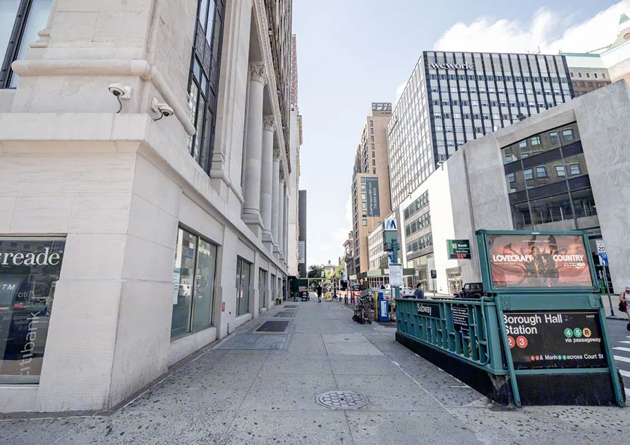 Exterior sidewalk and subway entrance, 16 Court Street, Brooklyn