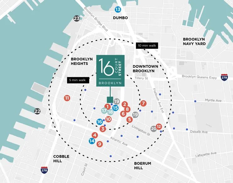 16 Court Street, Brooklyn area map with labeled points of interest dining, retail, mass transit, ferry, and city bikes